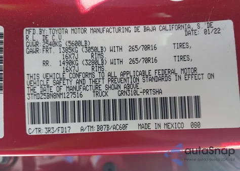 2022 Toyota Tacoma Trd Off Road z USA, uszkodzony, nr VIN 3TMDZ5BN8NM127516